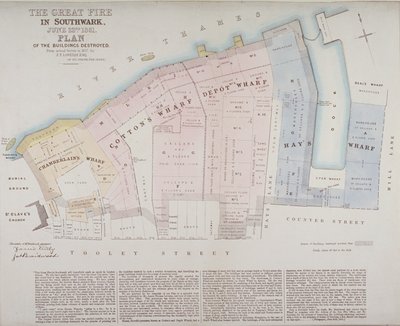 Plano de los edificios destruidos en Chamberlains Wharf, Cottons Wharf y Hays Wharf en el incendio de Cottons Wharf de 1861 de James Thomas Loveday
